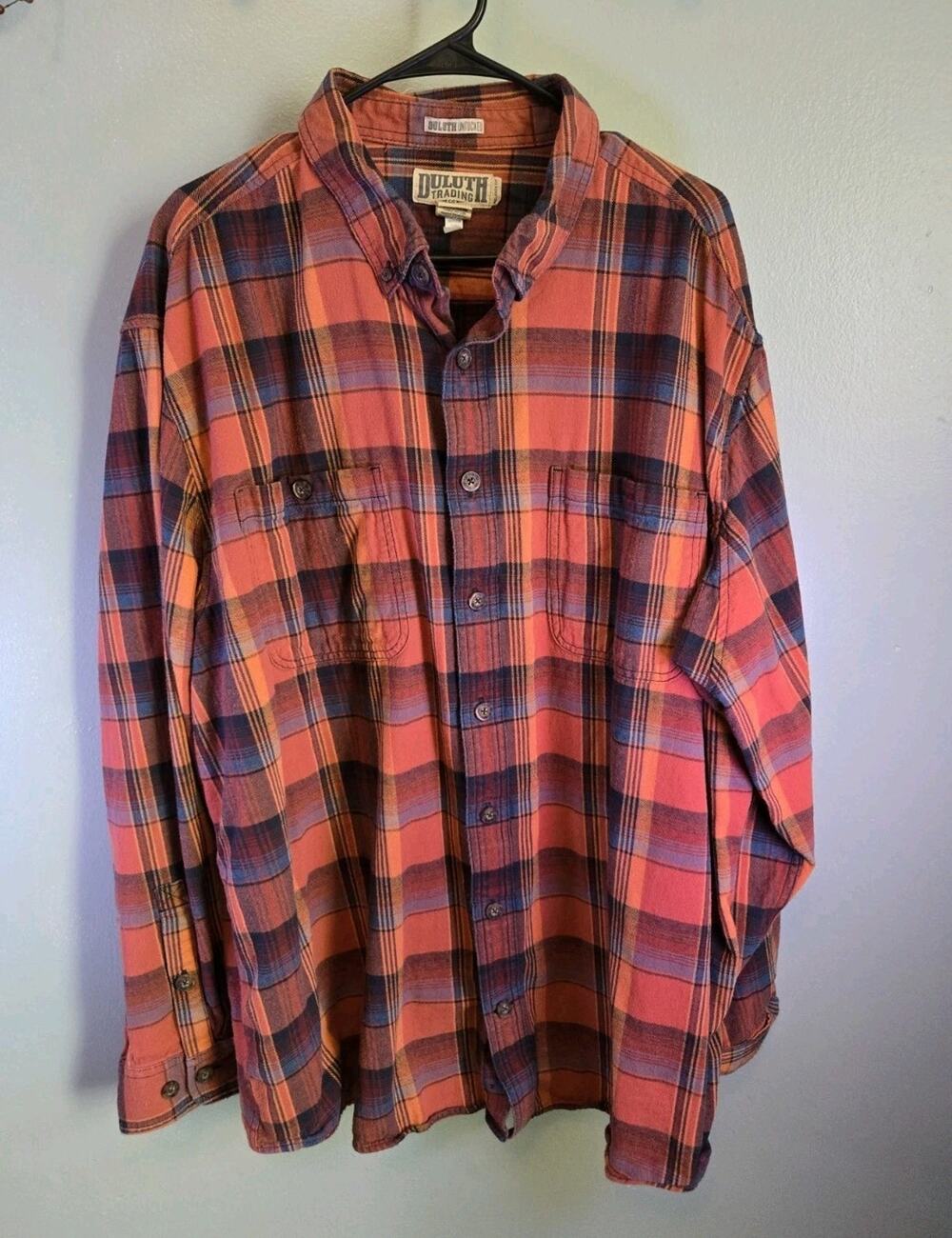 Duluth Trading Untucked Shirt Mens 2XL TALL Orange Brown Plaid Button Down 2 XLT